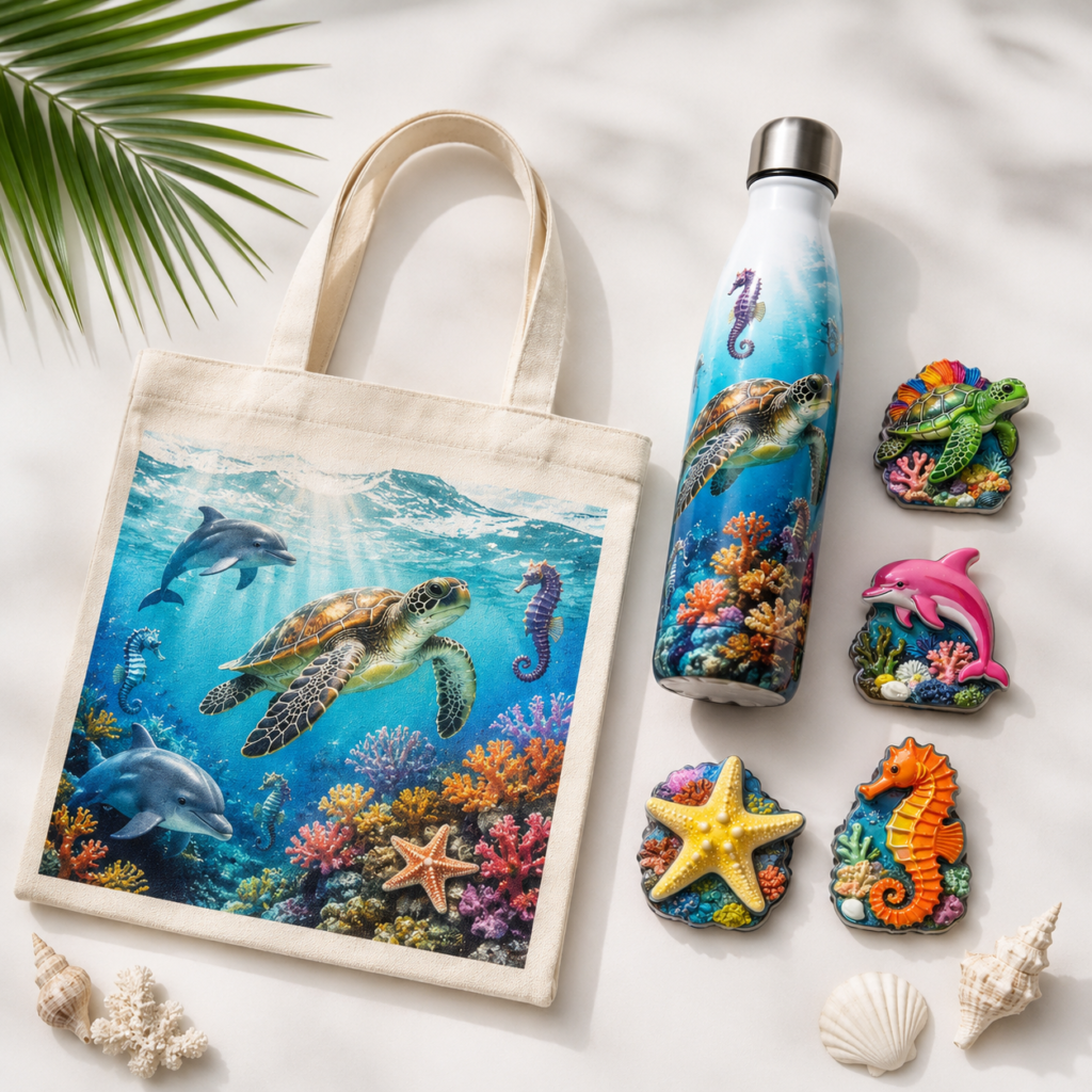 Custom marine souvenir gift set including canvas tote bag, cola bottle tumbler, and 3D resin magnets