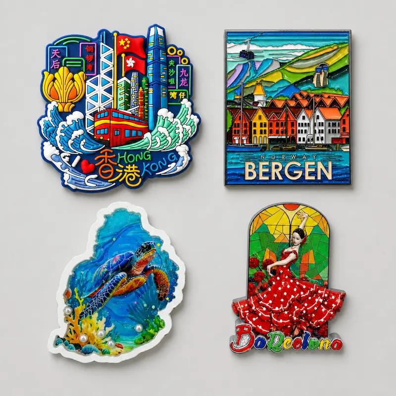 Custom souvenir magnets made of polyresin, soft PVC rubber, and zinc alloy metal enamel showcasing 3D molded capabilities