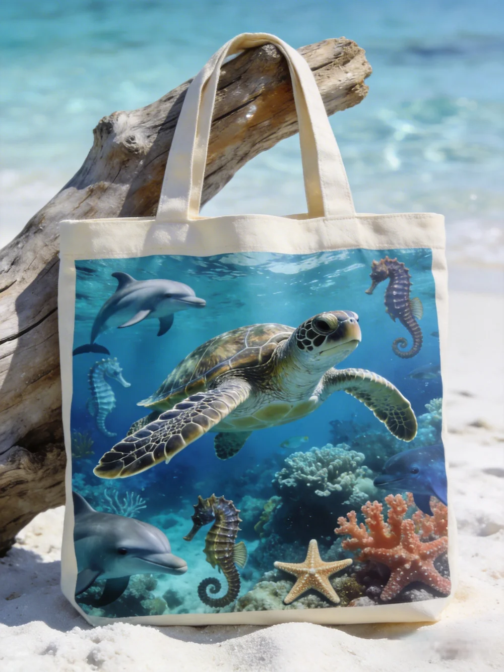 Custom printed canvas beach tote bag with 3D tropical marine ocean theme