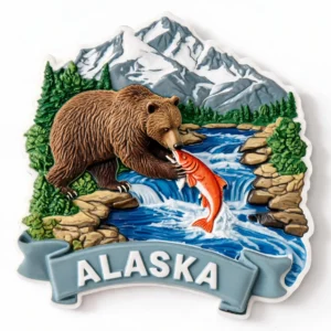 Custom Alaska bear and salmon resin magnet with mountain river wildlife scene