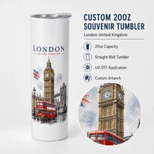20oz London UV-DTF straight-wall souvenir tumbler with Big Ben and red bus artwork
