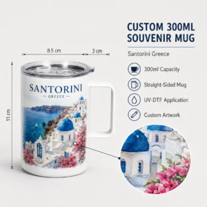 300ml Santorini UV-DTF straight-sided mug mockup with Greece souvenir artwork