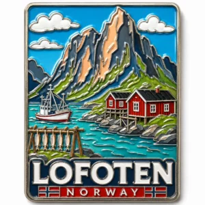 Lofoten color filled metal souvenir magnet featuring mountains, fishing cabins and coastal scenery