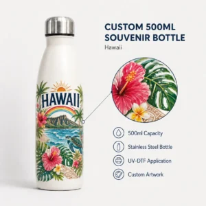 500ml Hawaii UV-DTF stainless steel souvenir bottle with tropical island artwork