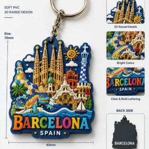 Barcelona soft PVC keychain with Sagrada Familia, mosaic design and Barcelona Spain lettering