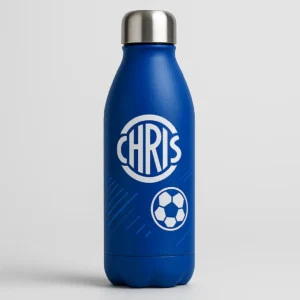 Blue cola-shaped water bottle with soccer monogram design