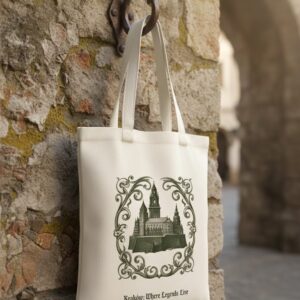 Custom canvas tote bag with vintage landmark design