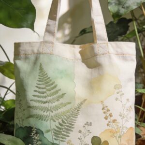 Custom canvas tote bag with green leaf design