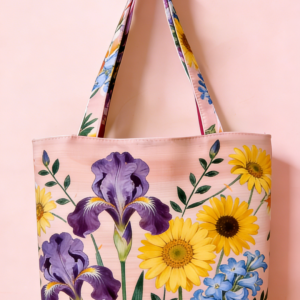 Custom canvas tote bag with purple floral design