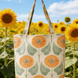 Custom canvas tote bag with sunflower field design