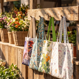 Collection of custom canvas tote bags with multiple printed designs