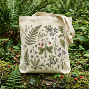 Custom canvas tote bag with forest botanical design