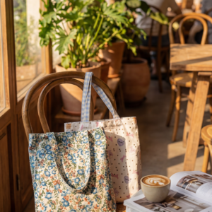 Custom canvas tote bag with cafe lifestyle design