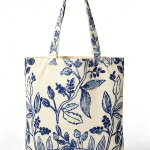 Custom canvas tote bag with blue floral design