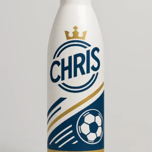 White cola-shaped water bottle with crown and soccer graphic