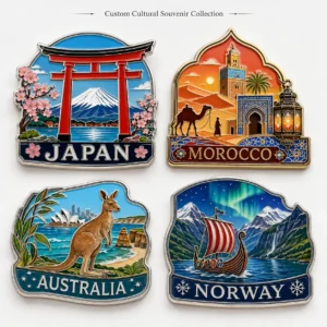 Custom Cultural Custom cultural souvenir magnet collection featuring Japan, Morocco, Australia and Norway designs in color-filled zinc alloy