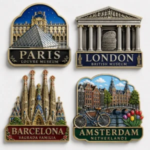 custom destination Custom destination merchandise collection with Paris Louvre Museum, London British Museum, Barcelona Sagrada Familia and Amsterdam souvenir magnets