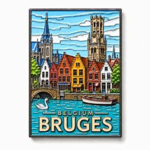 Bruges UV printed metal souvenir magnet featuring Belfry, canal and historic city architecture