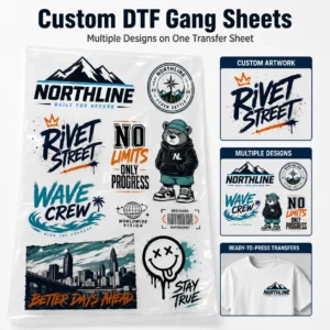Custom DTF gang sheet with multiple apparel graphics and transfer designs on one transfer sheet