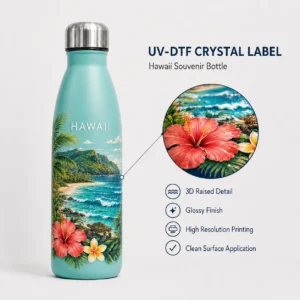 Hawaii UV-DTF transfer shown on a water bottle with sea turtle and hibiscus artwork