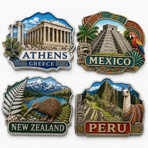 Custom landmark souvenir magnet collection in zinc alloy featuring Athens Greece, Mexico, New Zealand and Peru destination designs