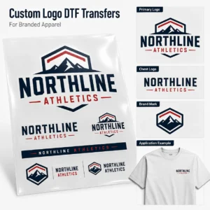 Custom logo DTF transfers for branded apparel with primary logo, chest logo and brand mark examples