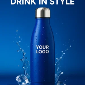 Blue water bottle with custom logo design and splash-effect background