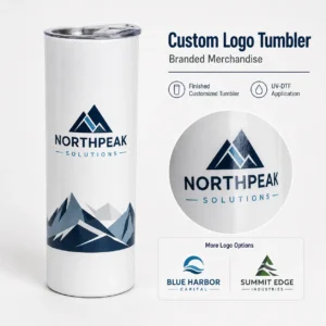 Custom logo tumbler mockup with fictional NorthPeak branding