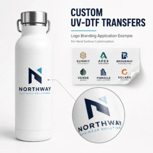 Custom logo UV-DTF transfer branding examples with bottle application