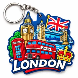 London soft PVC keychain with Big Ben, Tower Bridge, red bus and telephone box