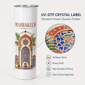 Custom Marrakech Morocco UV-DTF transfer application example on tumbler