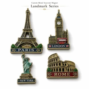 Custom metal souvenir magnet landmark series featuring Paris London New York and Rome city landmarks CZ-MET-005