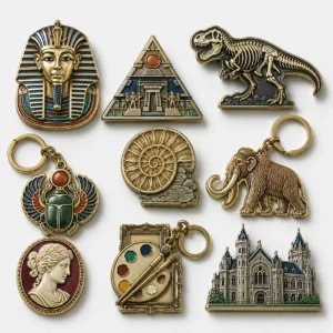 Custom museum metal souvenir products with historical icons, natural history themes and cultural gift shop designs