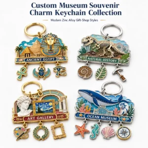 Custom museum souvenir charm keychain collection in zinc alloy showing Ancient Egypt, Natural History, Art Gallery and Ocean Museum themed styles