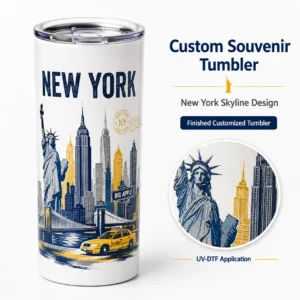 Custom New York souvenir tumbler mockup with skyline design