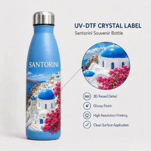 Santorini UV-DTF transfer shown on a blue water bottle with blue-dome church and floral artwork