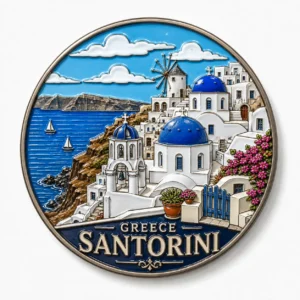 Santorini metal souvenir magnet with blue domes, coastal buildings and Greece lettering