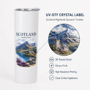 Custom Scotland Highlands castle UV-DTF transfer application example on tumbler