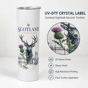Custom Scotland Highlands UV-DTF transfer application example on tumbler