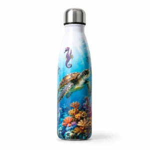 Custom sea turtle water bottle mockup with ocean marine life design