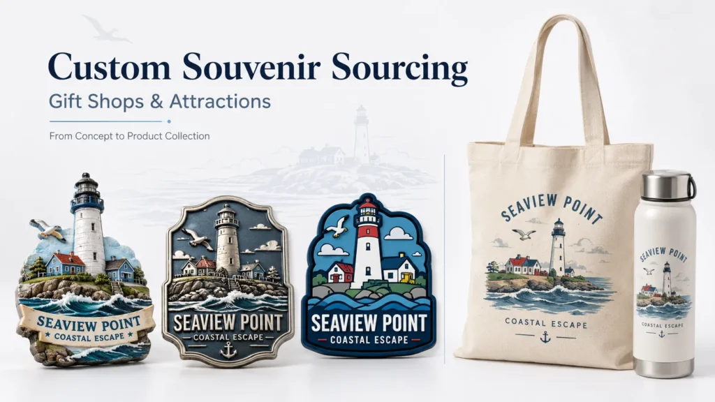 Custom souvenir products for gift shops including magnets, canvas bag and drinkware