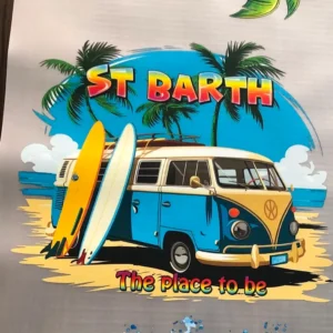 Custom St Barth DTF transfer with beach van and surfboard design