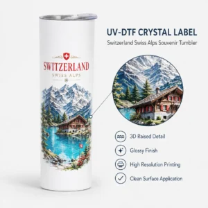 Custom Switzerland Swiss Alps UV-DTF transfer application example on tumbler