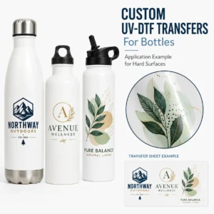 Custom UV-DTF bottle transfers with bottle application examples