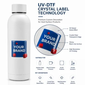 Custom brand UV-DTF transfer shown as an application example on a white bottle