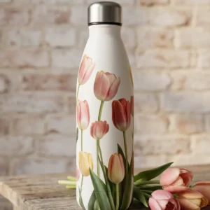 White cola-shaped water bottle with watercolor tulip botanical artwork