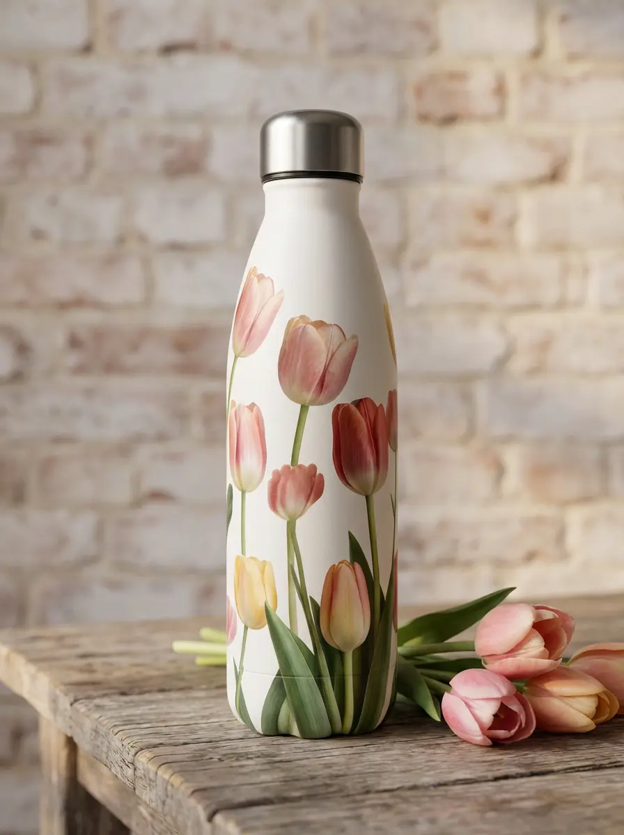 Custom Watercolor Tulip Water Bottle – Floral Design White cola-shaped water bottle with watercolor tulip botanical artwork