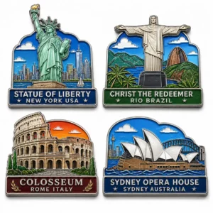 Custom zinc alloy souvenir magnet collection showing Statue of Liberty, Christ the Redeemer, Colosseum and Sydney Opera House styles