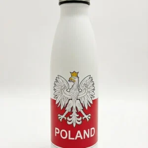 White water bottle with Poland red-and-white design and white eagle emblem