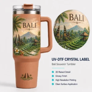 Custom Bali UV-DTF transfer application example on tumbler